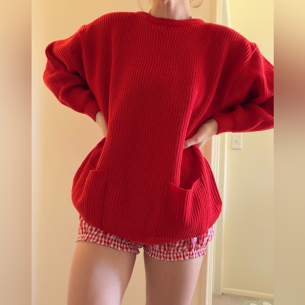 Cozy Red Chunky Knit Sweater with Pockets